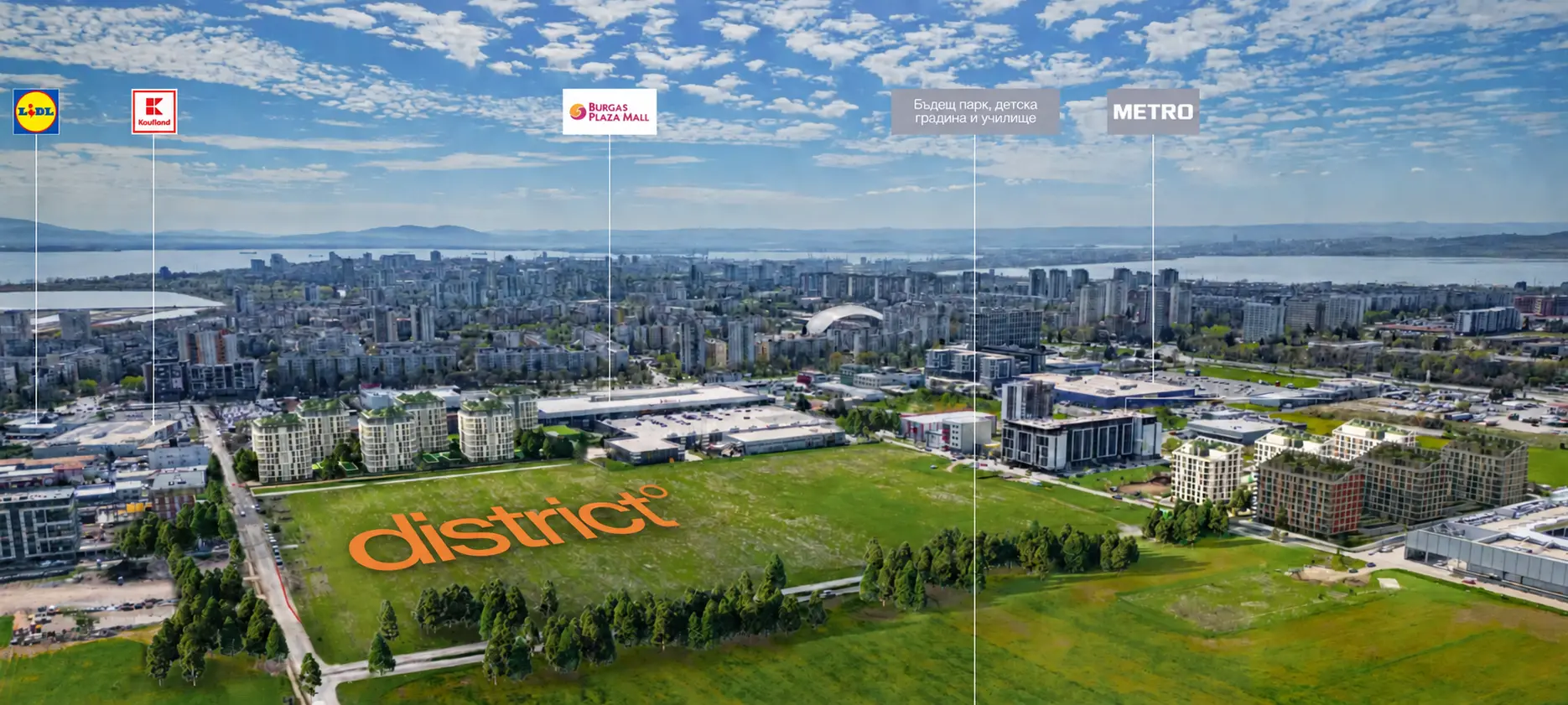 Расположение комплекса DISTRICT в квартале Хоризонт, Бургас: Mall Burgas Plaza, METRO, Kaufland и Lidl